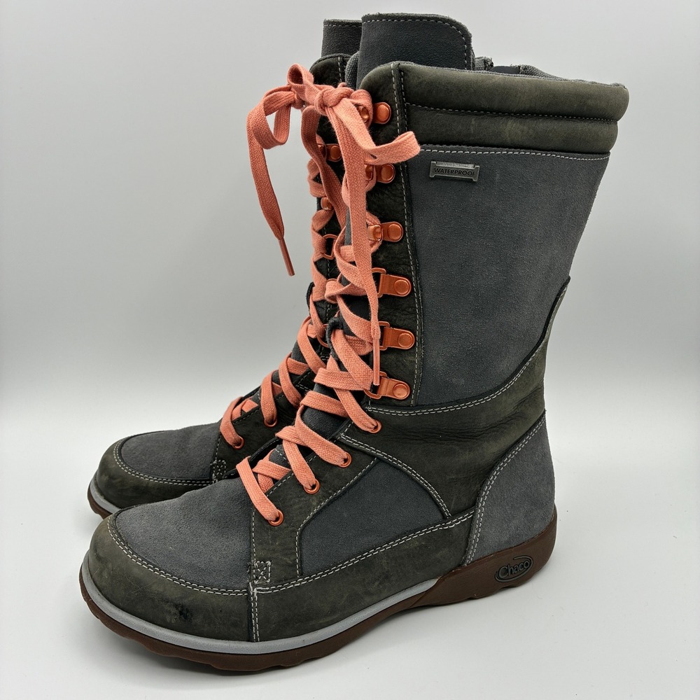 Chaco Lodge Waterproof Midcalf Boots Women 7 Gray Suede Leather Lace Up Side Zip